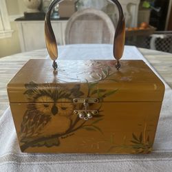 Vintage Dorothea 1960”s Wood Box Decoupage Purse with Lucite Handle and Felt Lined