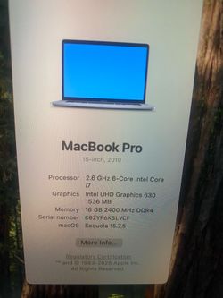 MacBook Pro 15 inch  2019 Intel I7 16 gigs memory ram