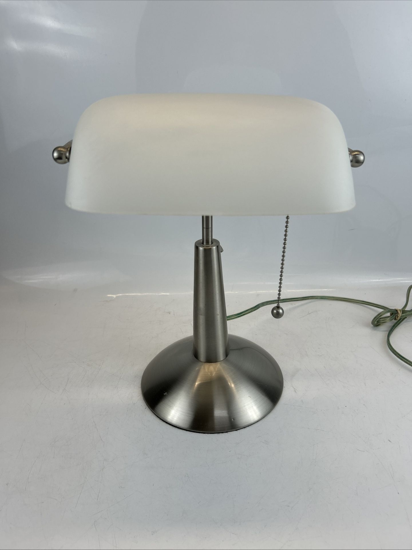 Adjustable Bankers Desk Lamp With WhiteGlass Shade Used and Silver Metal bottom