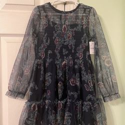 Girls Floral Print A-Line Mesh Long Sleeve Dress, Spring Easter Tiered Lace Formal Casual Dress, Dark Blue Purple Flowers, Size Small 6/7 *Brand New*