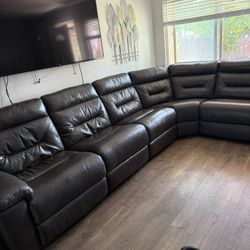 Real Leather Couch With Three Electric Recliners And Adjustable Headrest