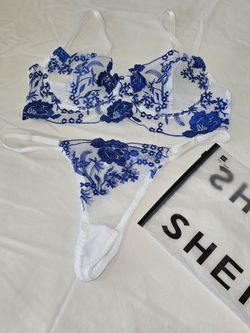 Blue Floral Embroidered Mesh Lingerie Set