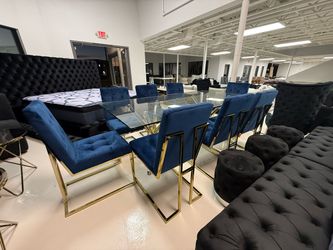 Blue and Gold Dining Table Chairs Message for Price and Details
