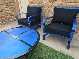 Blue Metal Patio Chair Set with Black Cushions