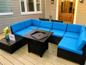 Outdoor Rattan Sectional Sofa Set with Fire Pit Table, we finance & Deliver