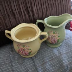April Cornell Sugar Bowl And Creamer Pourer With Floral Design