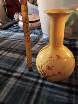 Yellow Ceramic Bud Vase with Cherry Blossom Design