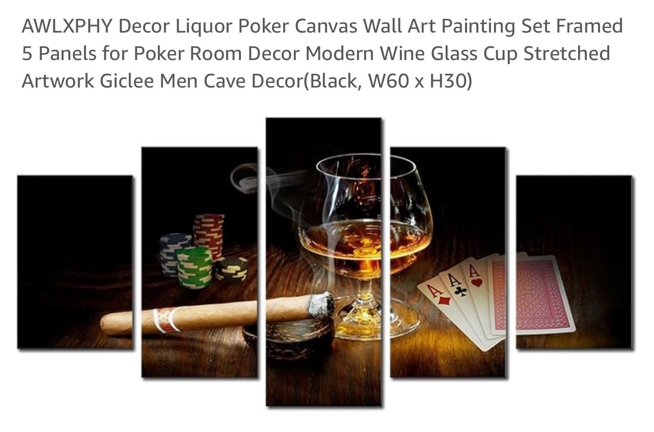 Liquor Poker Canvas Wall Art Painting Set Framed 5 Panels for Poker Room Decor Modern Wine Glass Cup Stretched Artwork Giclee Men Cave Decor(Black, W6