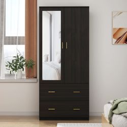 2 Door Wardrobe Armoire Closet with Mirror, 31.5" W Wooden Wardrobe Cabinet with Hanging Rod & 2 Drawers, Bedroom Armoire Dresser Clothes Organizer, B