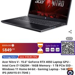 Acer Nitro V - 15.6" GeForce RTX 4050 Laptop GPU - Intel Core i7-13620H - 16GB Memory - 1 TB PCIe SSD - Windows 11 Home 64-bit - Gaming Laptop - 144 H