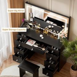 Vanity with Lighted Mirror - Makeup Vanity Desk with Power Outlet and 9 Drawers, 3 Color Lighting Modes Adjustable Brightness, 43" Vanity Table with S