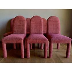 1970s Vintage Postmodern Rosy Pink Wool Boucle Fully Upholstered Lozenge High Back Parsons Dining Chairs -Set of 6