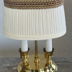 Vintage Brass Candelabra-Style Table Lamp with Pleased Share and Maroon Ribbon