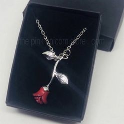 Brand New Red Tipped Rose Necklace Stainless Steel Chain 
