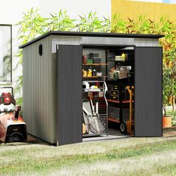 6x8FT Outdoor Resin Storage Shed with Transparent Windows & Louvered Vents, Plastic Tool Shed with Double Lockable Doors & Sloping Roof, Outside Garde
