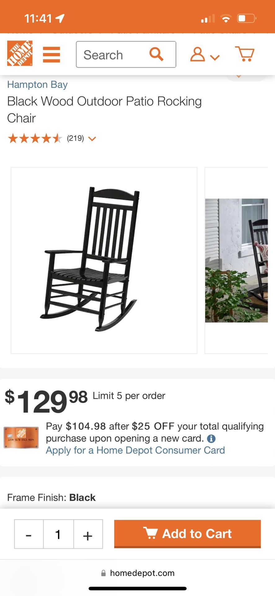 Hampton Bay Black Wood Outdoor Patio Rocking Chair