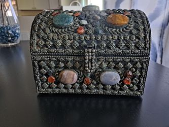 Vintage Metal And Agate Stone Trinket Box - Rare