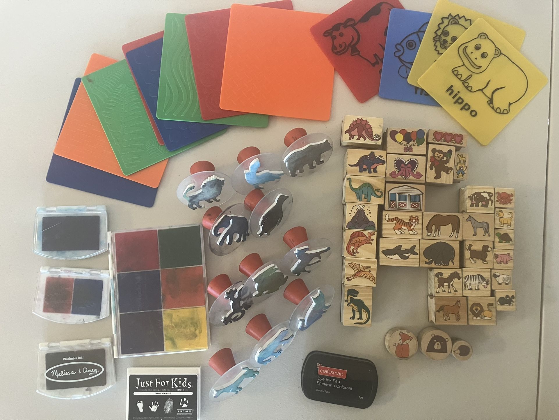 Lot Of Rubber Stamps And Texture Rubbing Plates For Kids