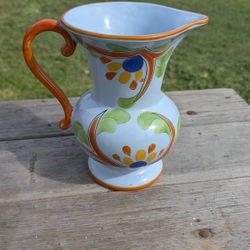 Hand-Painted Ceramic Pitcher Bohemian or Italian Majolica Folk Art 8.5"