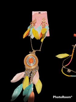 Necklace Set, Multi Feather,