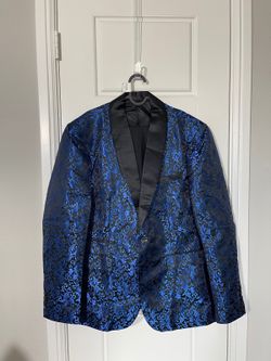 Suit for Men Size XXL Blue Embroidered Tuxedo M716 Shawl Lapel 2 Pieces