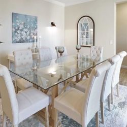 Glass Dining Room Table with White Oak Base and 8 Chairs