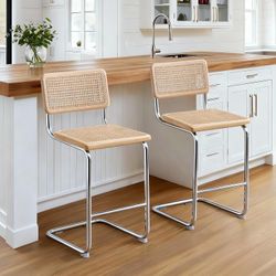 Natural Rattan Bar Stools Set of 2, 24 Inches Mid Century Modern Counter Height Stools with Wood/Cane Back, Boho Counter Stools with Chrome Metal Legs