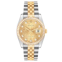 Rolex 36mm DateJust Two Tone 18K Yellow Gold / Stainless Steel Watch with Anniversary Champagne Diamond Dial and Diamond Bezel. (Pre-Owned 116243)