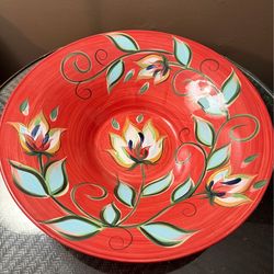 15” BEAUTIFUL Gail Pittman Southern Living at Home Red Floral Round Serving Bowl EUC