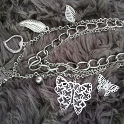Silver Colored Vintage Costume Jewelry Necklace Butterflies And Leaves Heart Charms Necklace