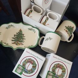 Set of 8~ Spode "CHRISTMAS TREE" Variety. England ~ Mugs ~ 3 3/8" Tall 🎄platter
