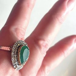 9 9.25 Emerald Pear Fine Art Ring Solid 925 Sterling Silver Gold Diamond Topaz Brilliantly Faceted Cut Gem Gemstone UNISEX MEN WOMEN Exclusive
