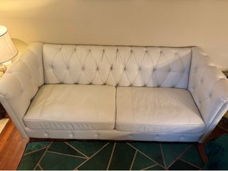 2 Ivory White Faux Leather Sofa - Modern Chesterfield