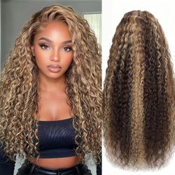 Honey Blonde Deep Waveg Wig 13x6 Highlighted HD Lace Front Wigs Human Hair Ombre Curly Human Hair