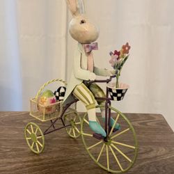  Mackenzie-Childs Cameo Bunny with Cart NEW   Stroll into spring with this bunny figure that wears Sterling patterns and pushes an egg-shaped cart dec