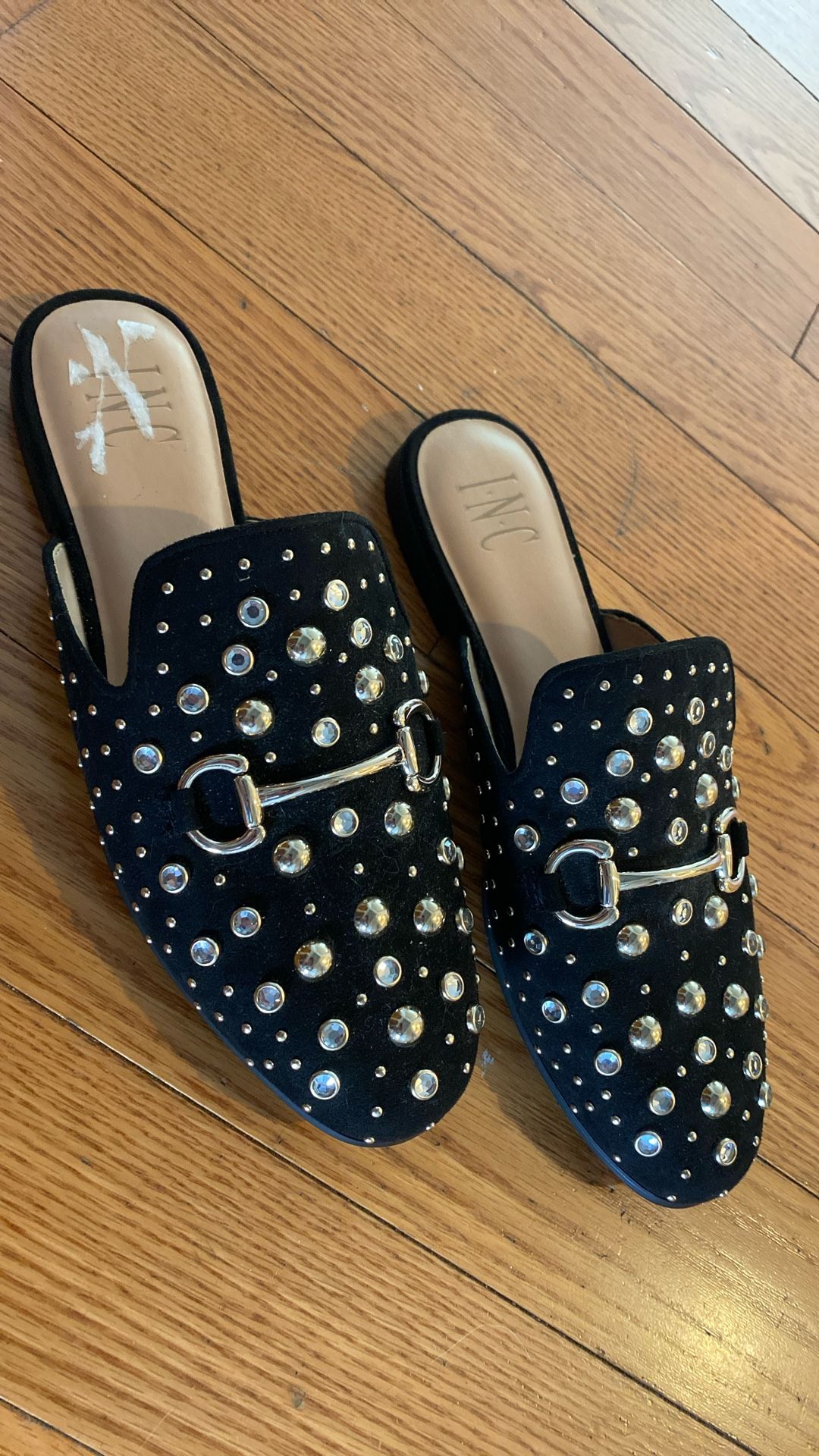 INC metal beaded mules