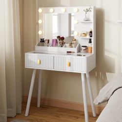 Vanity desk with light bulb mirror and 2 drawer with built in storage dividers