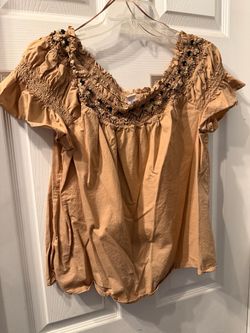 Tan Boho Smocked Neckline Flutter Sleeve Top