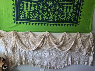 Boho Cream Hand-Crocheted Fringe Throw Blanket / Wall Hanging / Shawl