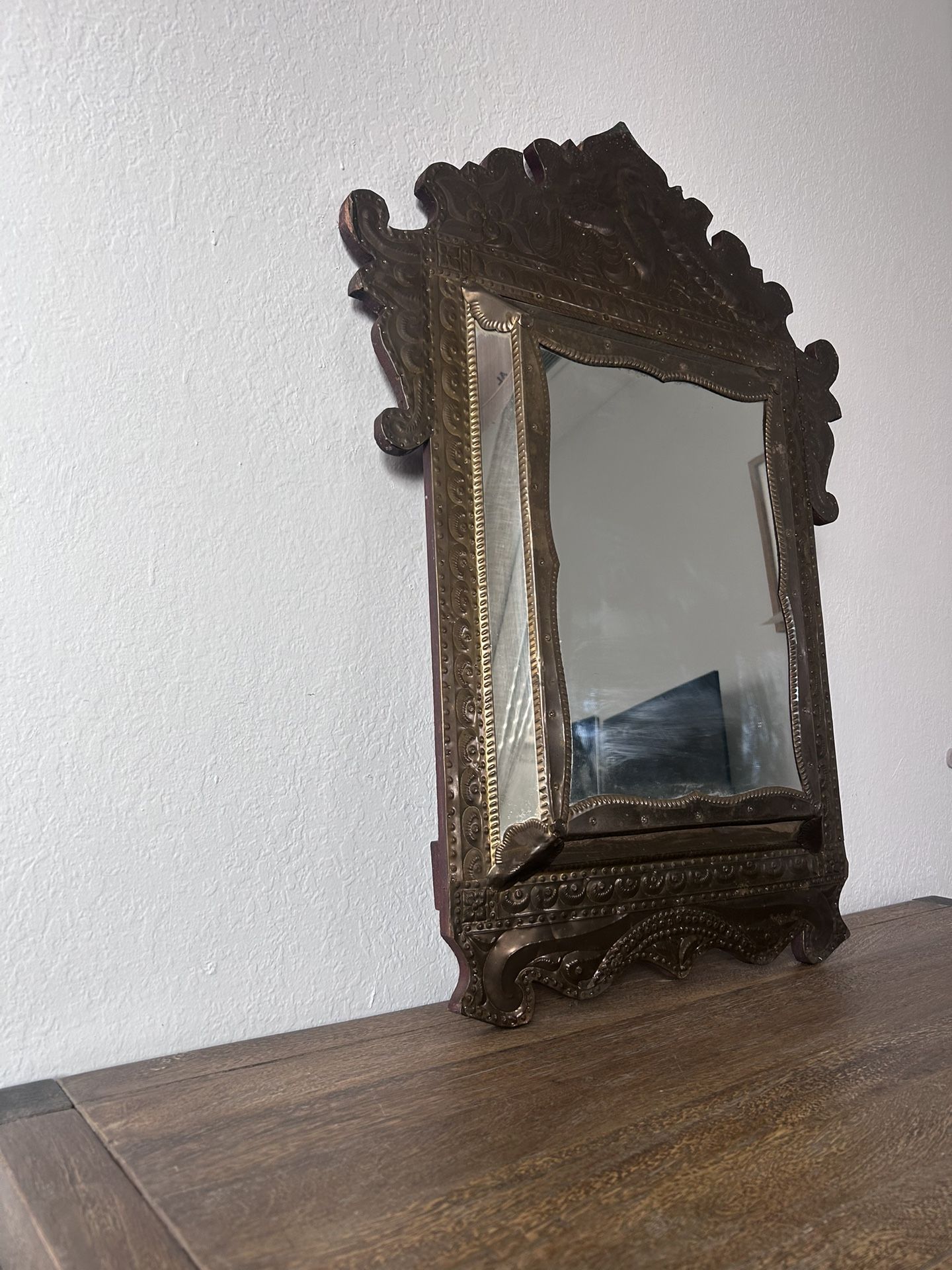 Antique Vintage Hammered Metal & Wood Framed Mirror