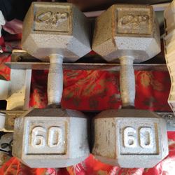 PAIR OF 60 LB CAP STEEL HEX DUMBBELLS