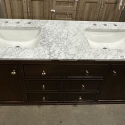 Collette 60” Double sink Cinnamon Oak Bath Vanity With White Carrara Marble Top