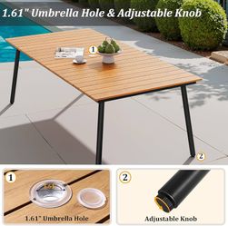 Outdoor Dining Table for 6-8, 82.7 inch Patio Dining Table with Wooden-Like Top and Aluminum Frame, Rectangular Table with Umbrella Hole Outdoor Furni