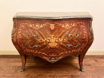 French Louis XV Bombe Commode | Green Marble Top Marquetry Chest Console