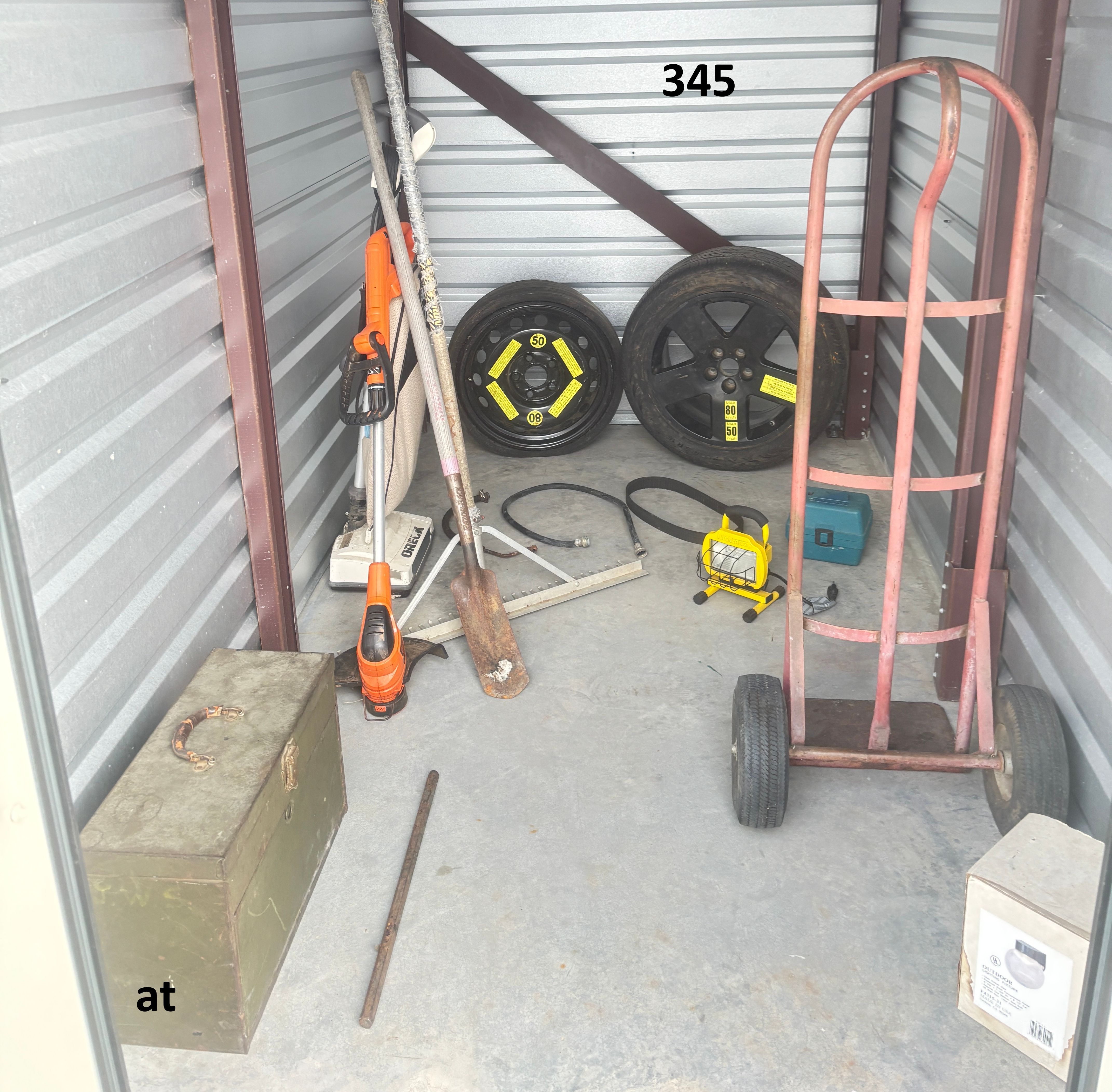 Auction Unit 345 10/23 - Antiques, Vintage, Household Goods, Misc Items, Tools & Workshop, Yard Equipment  Antique army toolbox, two new tires on rims