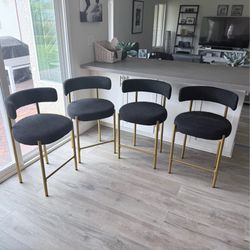 Bora Black Boucle Upholstered Bar Stools with Matte Gold Legs (Set of 4)