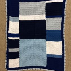 Homemade Crocheted Baby Blanket (Blues) 36”x42”