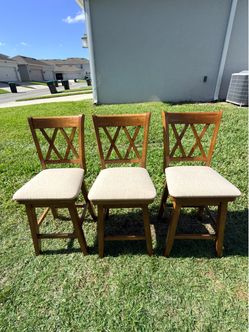 Set of 3 Swivel Wooden Bar Stools with Light Upholstered Seats