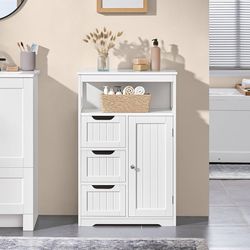 New Wood Bathroom Floor Cabinet with 3 Drawers and 1 Cupboard Free Standing Storage Organizer Hallway Entryway Cabinet for Living Room Kitchen, White 
