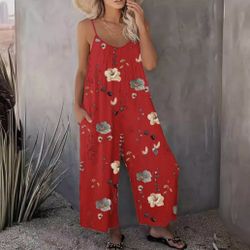 Women’s Red Jumpsuit w/ Floral Print, XL